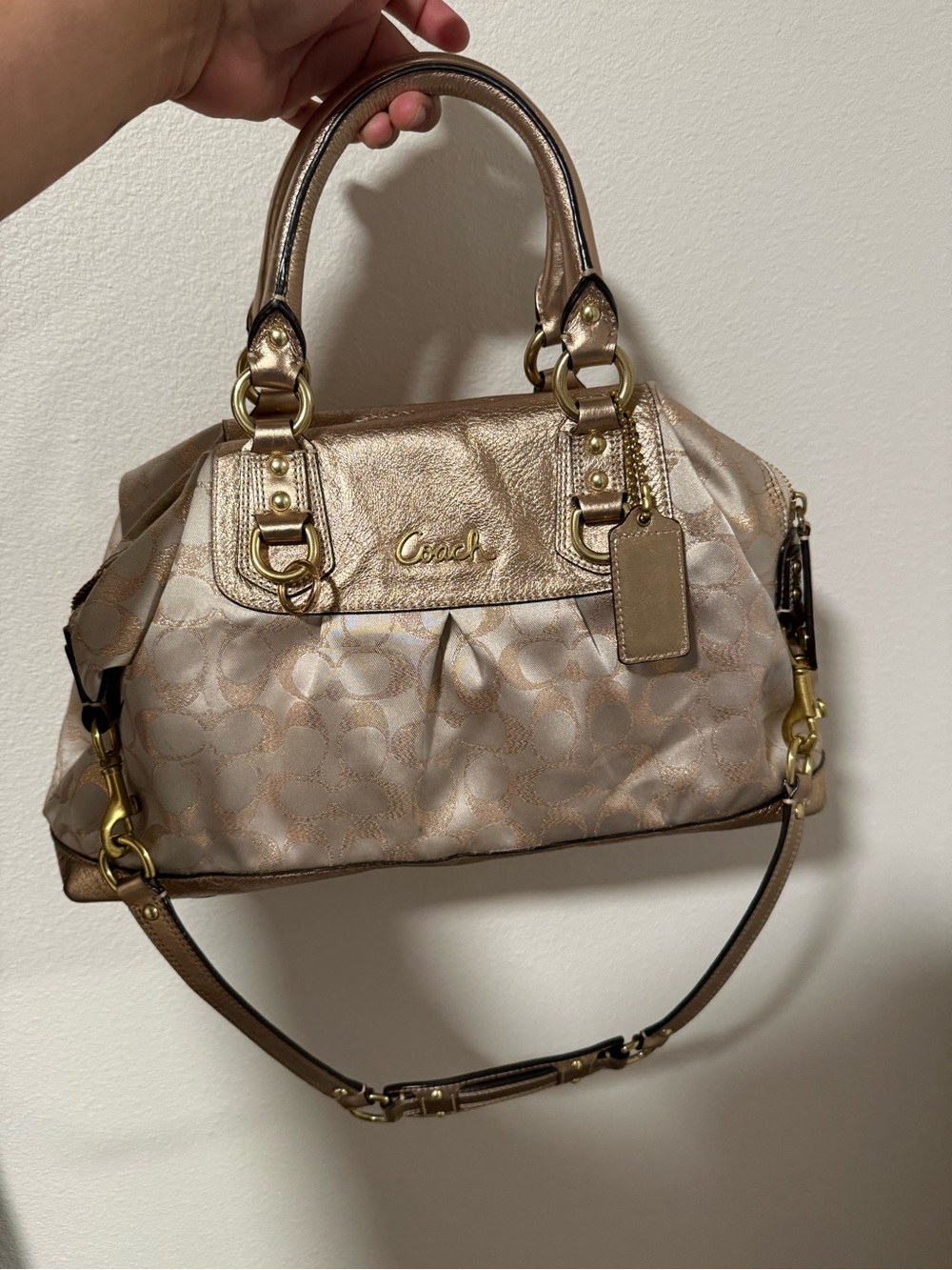 Vintage Coach F15809 Metallic Gold Signature Jacquard Satchel Shoulder Bag